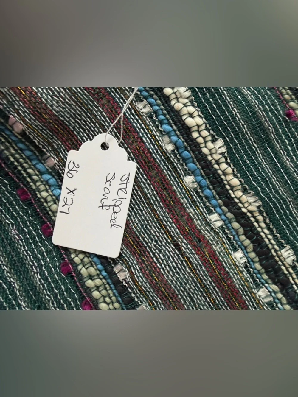 Boho Textured Infinity Scarf Green Multi Stripe Woven Lightweight Artisan Style